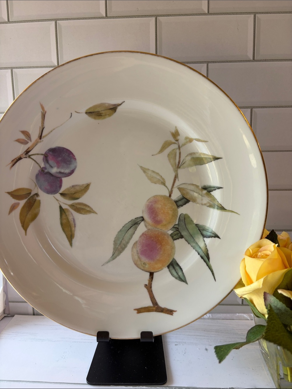 Royal Worcester Porcelain Plate with Purple and Yellow Fruit Motif and Gold Rim
